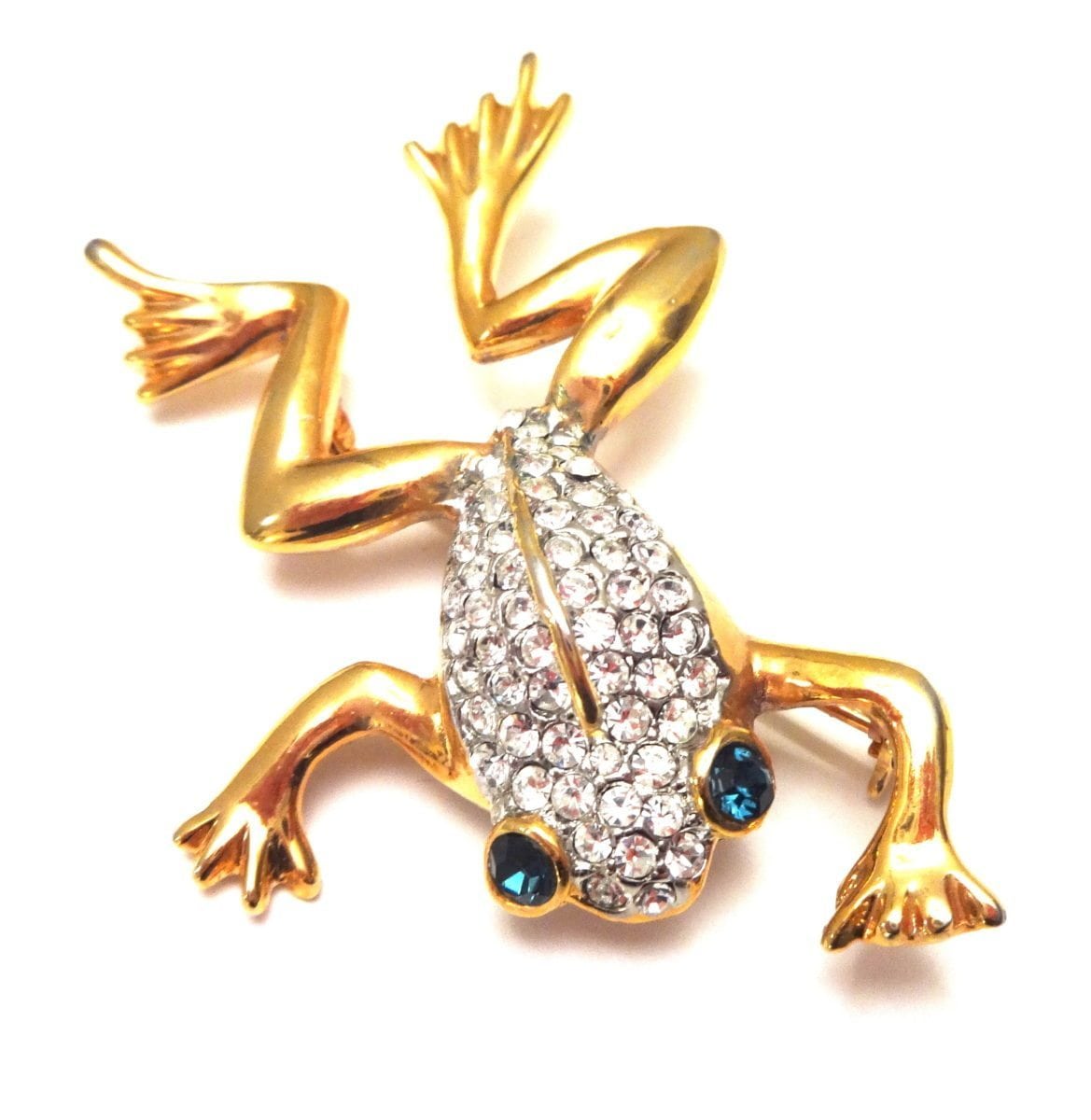 Climbing Frog Pin with Amber Crystal Eyes and Bow on Leg