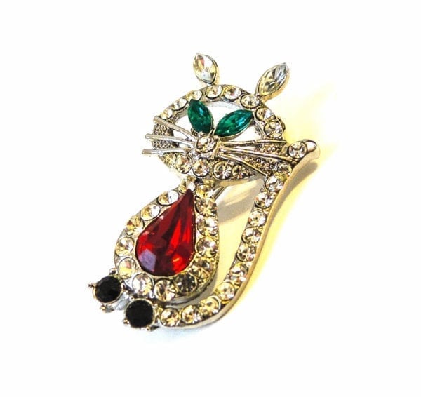 KITTY CAT PIN, ALL OVER CRYSTALS WITH GREEN EYE AND BLUE, RED, OR AMETHYST CRYSTAL BODY - Image 4
