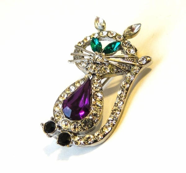 KITTY CAT PIN, ALL OVER CRYSTALS WITH GREEN EYE AND BLUE, RED, OR AMETHYST CRYSTAL BODY - Image 3