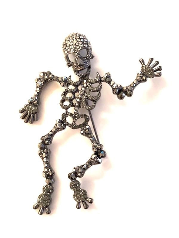 2PCS-"SKELETON" BROOCH, ALL OVER HEMATITE CRYSTALS, & SKELETON EARRINGS-GOLDD/CRYSTALS - Image 2