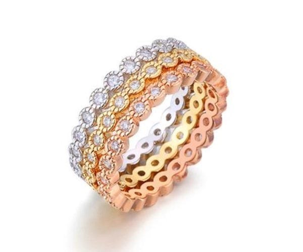 3pcs-TRI COLOR (GOLD, SILVER, ROSE GOLD) THIN BAND RINGS WITH BEZEL CRYSTALS ALL AROUND, SIZE-8