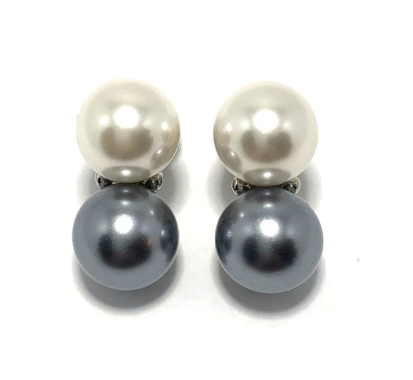 KENNETH JAY LANE, DOUBLE 14mm PEARL EARRING WITH 2 CRYSTAL ACCENTS-CLIP - Image 3