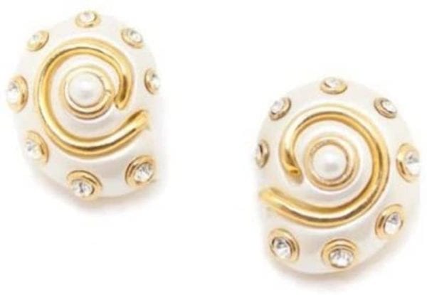 KENNETH JAY LANE, RESIN SNAIL CLIP EARRING, PEARL CENTER AND CRYSTALS ACCENTS-CORAL - Image 8