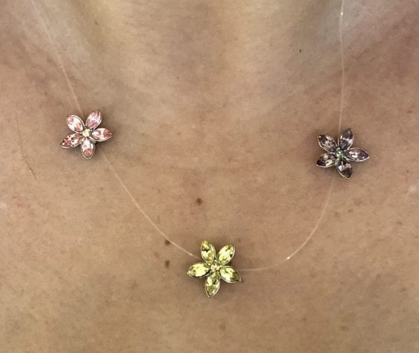 ILLUSION NECKLACE,  3 CLEAR CRYSTAL FLOWER STATIONS, Perfect  Spring/Summer Necklace!! - Image 3