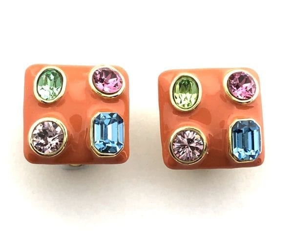 KENNETH JAY LANE, CORAL ENAMEL SQUARE CLIP EARRINGS WITH MULTI COLORED CRYSTALS - Image 2