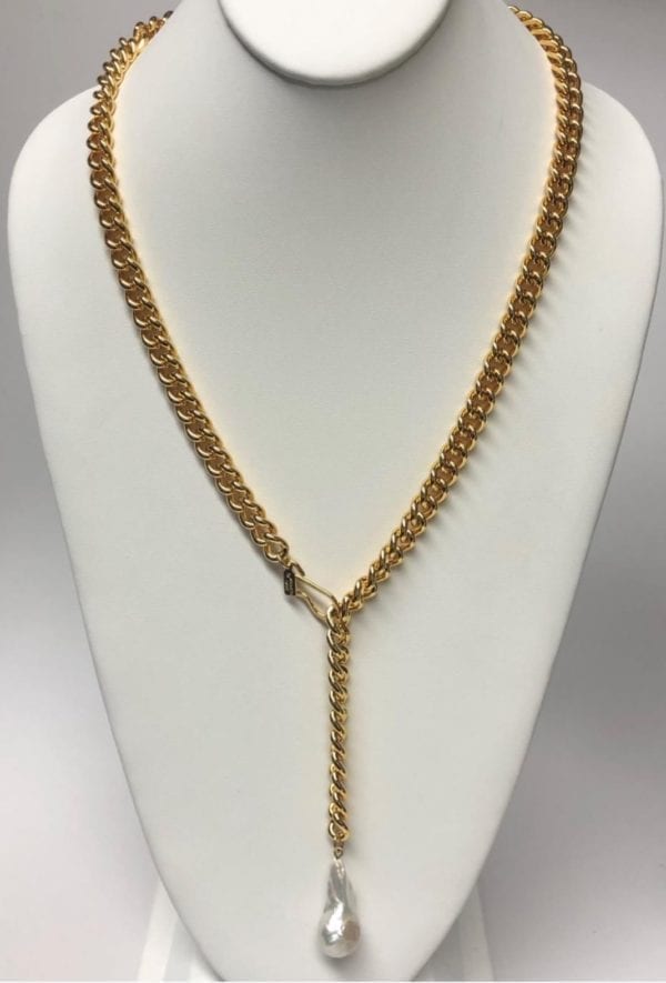 KENNETH JAY LANE, 25.5" INCH GOLD CHAIN LARIAT WITH BAROQUE PEARL DROP, S HOOK CLASP - Image 2