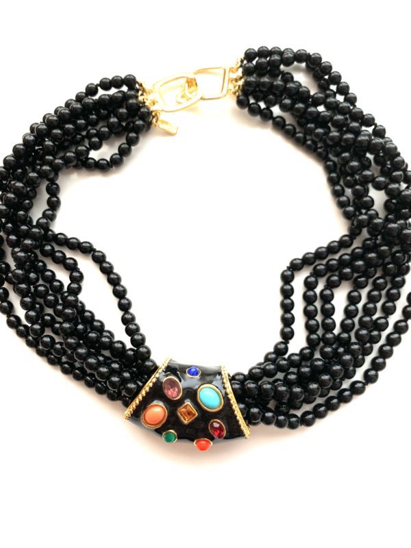 KENNETH JAY LANE, 7 ROW TURQUOISE BEADS NECKLACE WITH ENAMEL & MULTI STONES SLIDE - Image 3