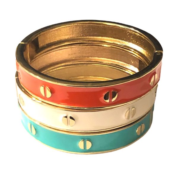 ENAMEL BANGLE BRACELETS WITH GOLD NAIL HEAD ACCENTS, CHOOSE: TURQUOISE, LT CORAL, AND WHITE - Image 2