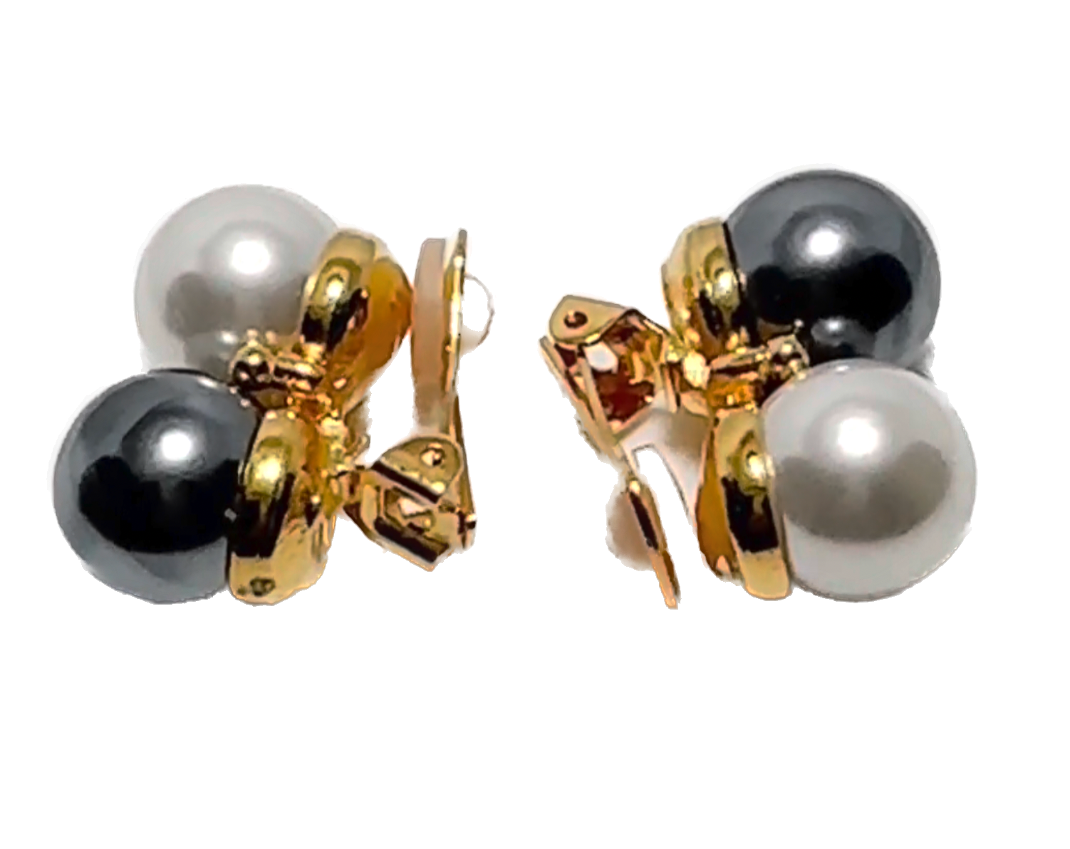 KENNETH JAY LANE, DOUBLE 9mm PEARL& GRAY PEARL GOLD EARRING WITH 2 CRYSTAL AC...