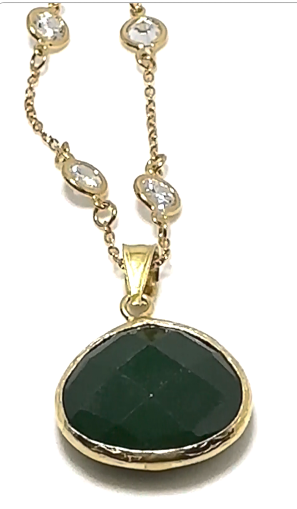 2PCS-DARK GREEN CRYSTAL QUARTZ CRY PENDANT W/ CZ 1/4" CHAIN, VERMEIL (.925 BASE)/14KT GOLD