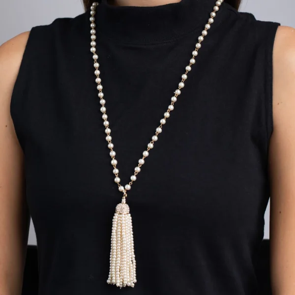 Kenneth Jay Lane, Pearl & Gold Chain Tassel Necklace - Image 2