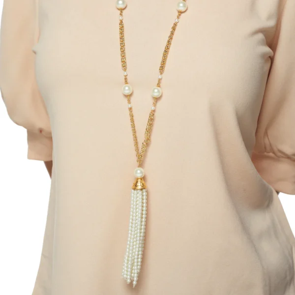 Kenneth Jay Lane, Pearl & Gold Chain Tassel Necklace - Image 4