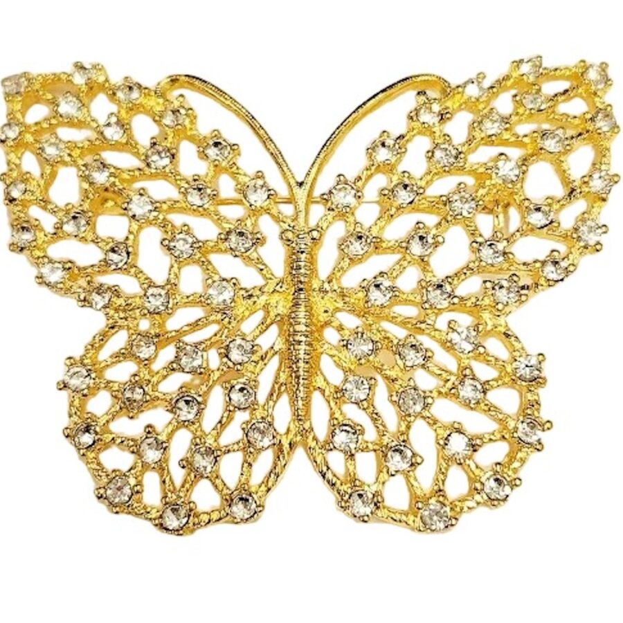 Kenneth Jay Lane, Open Works Butterfly Pin-Gold With Rhinestone