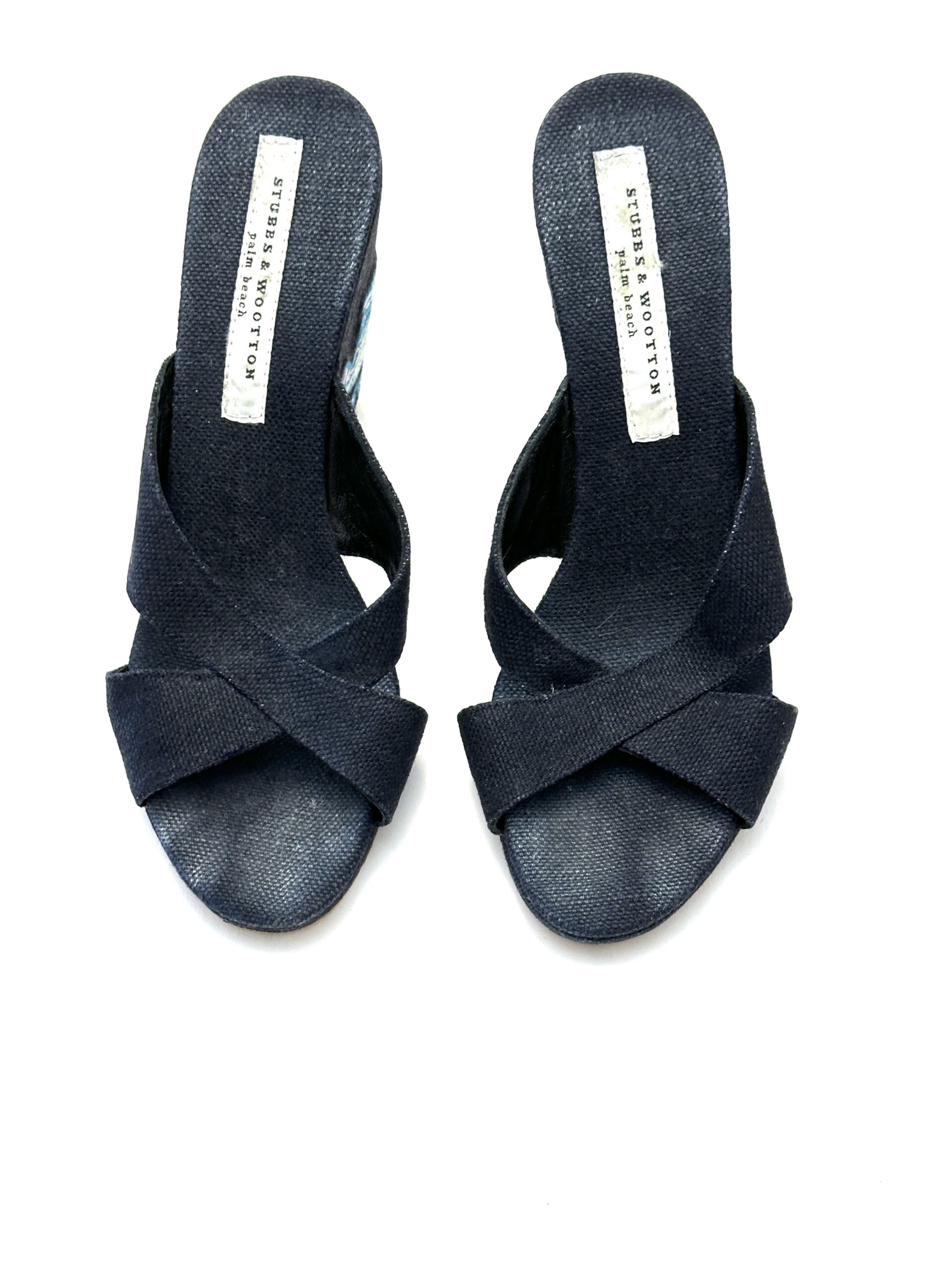 Stubbs & Wootton, Vintage Navy Wedge Sandals, USN Embroidery, Size-8 - Image 2