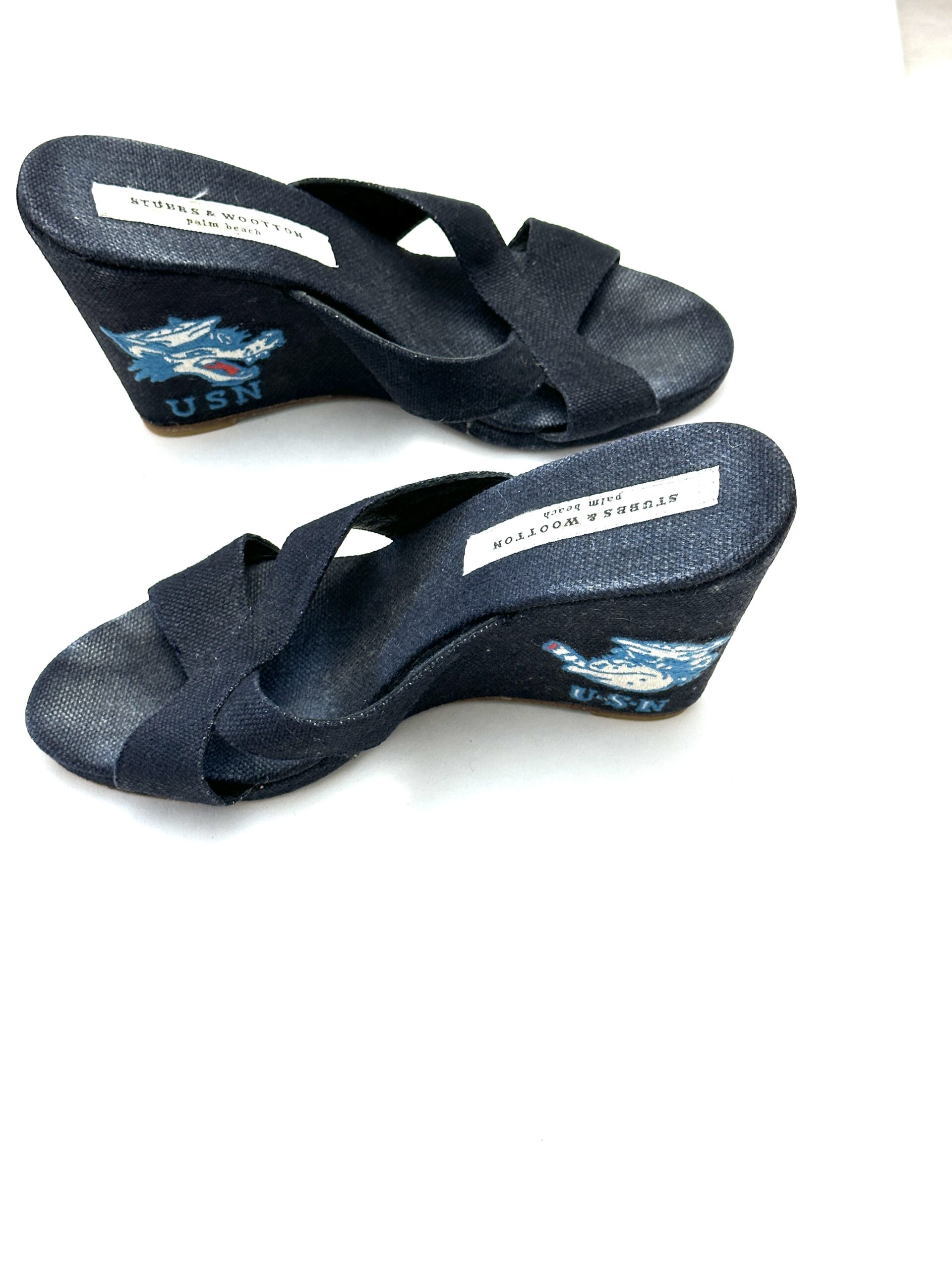 Stubbs & Wootton, Vintage Navy Wedge Sandals, USN Embroidery, Size-8 - Image 4