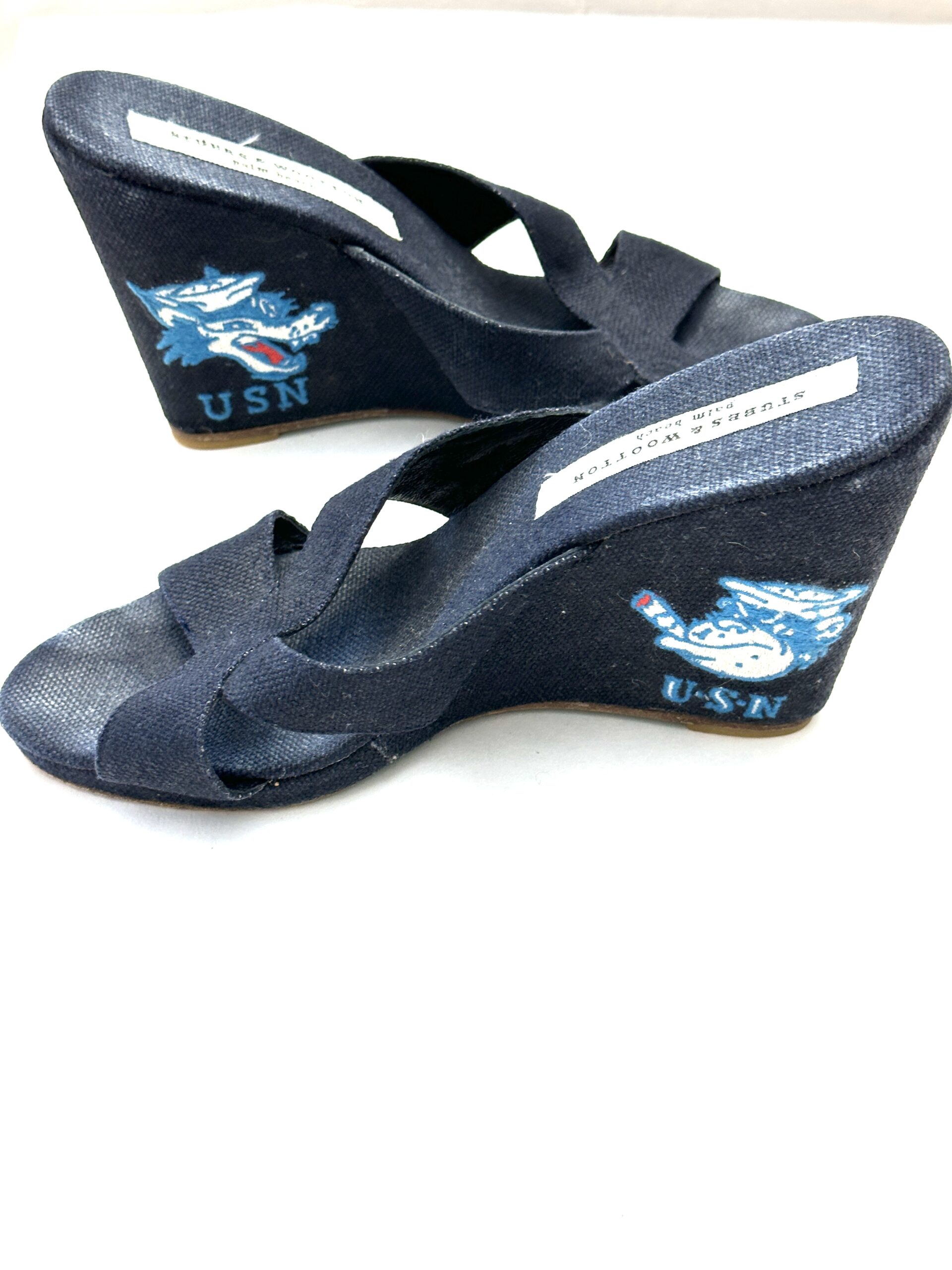 Stubbs & Wootton, Vintage Navy Wedge Sandals, USN Embroidery, Size-8 - Image 5