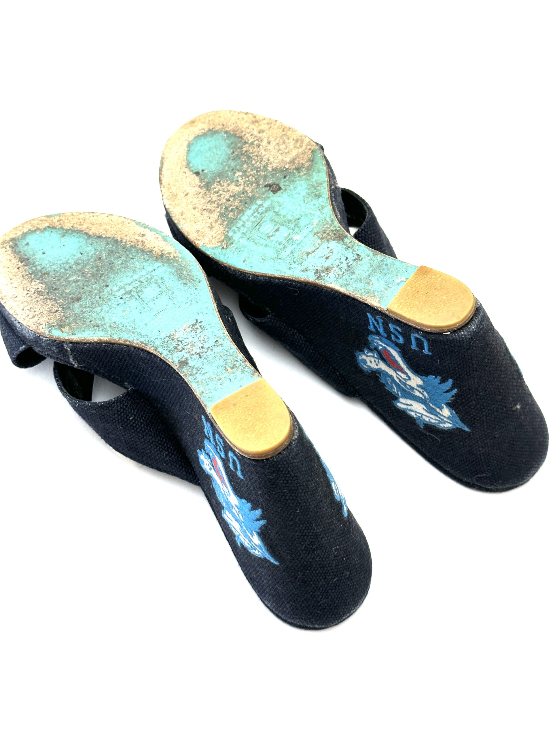 Stubbs & Wootton, Vintage Navy Wedge Sandals, USN Embroidery, Size-8 - Image 8