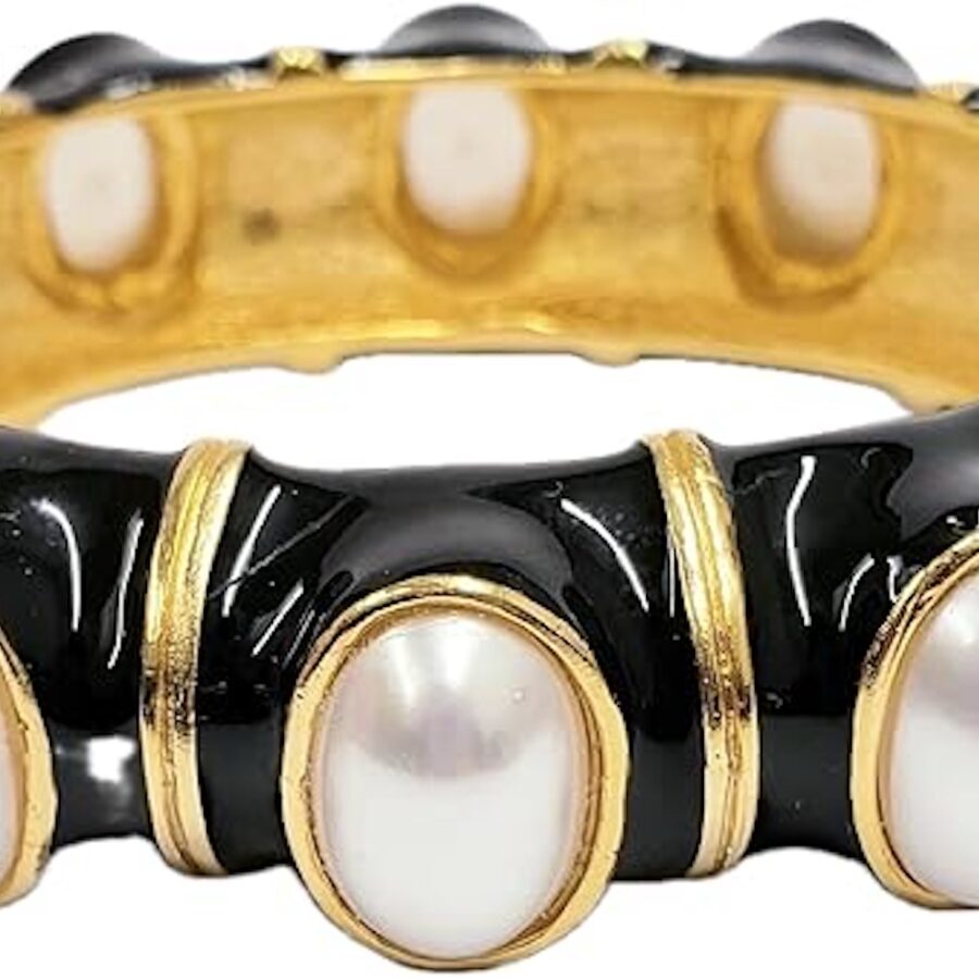 Kenneth Jay Lane, Black Enamel and Pearl Cabochon Hinged Bracelets