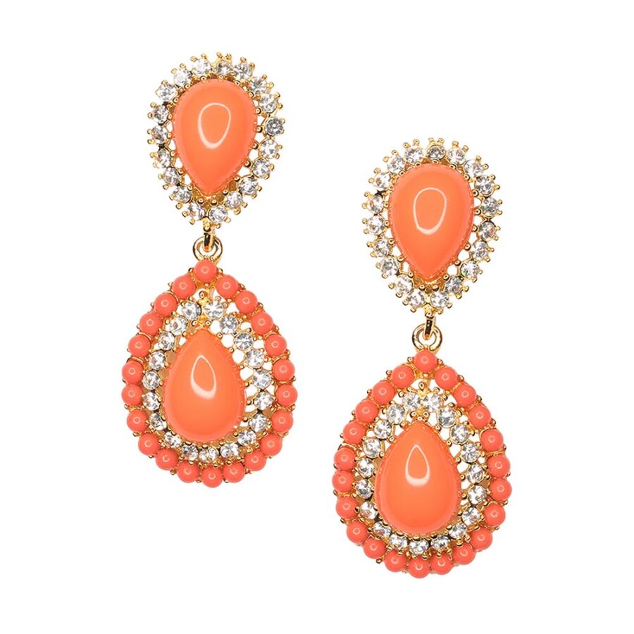 Kenneth Jay Lane, Gold, Crystal and Coral Cabochon Clip Earring