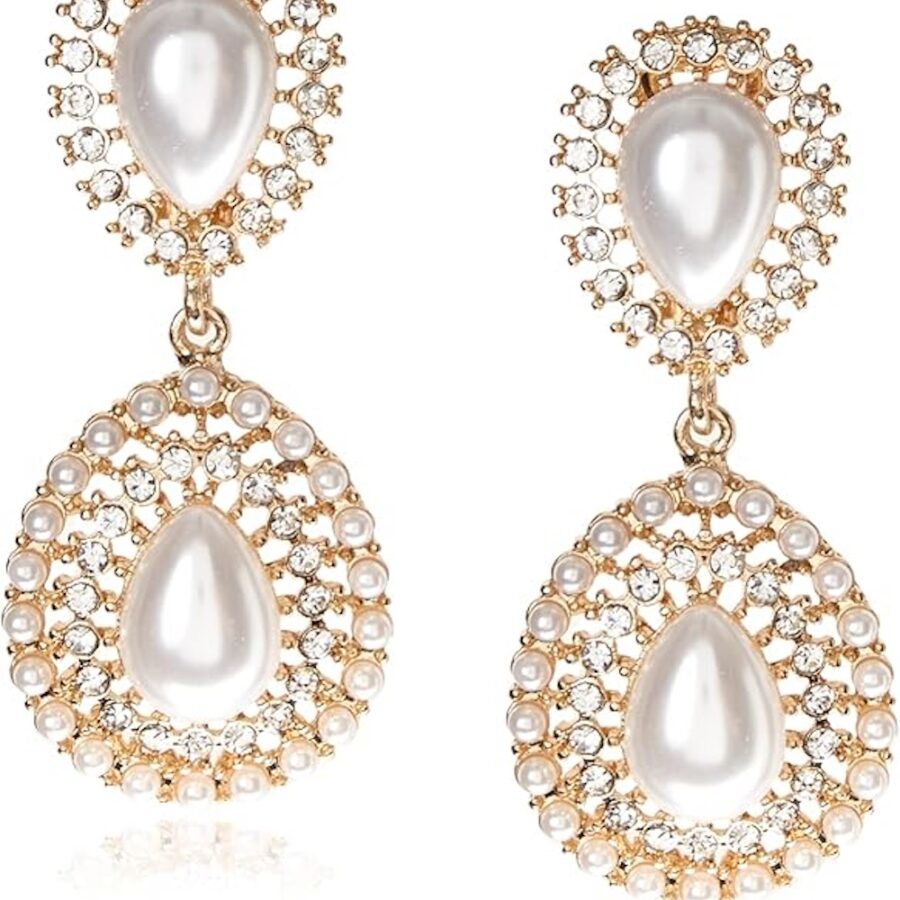 Kenneth Jay Lane, Gold, Crystal and Pearl Cabochon Clip Earring