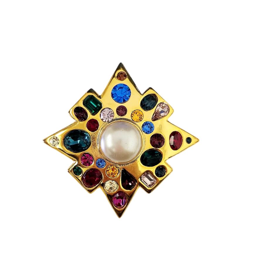 Kenneth Jay Lane, Gold Multi-Gem Cross Pin, Pearl Center