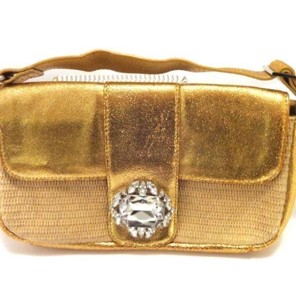 Beverly Feldman Gold Metallic Leather Handbag With Crystal Accent Beverly Feldman Gold Metallic Leather Handbag
