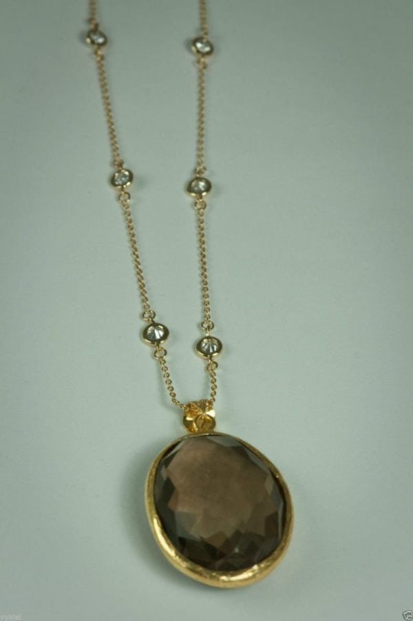 2PCS-BROWN TOPAZ QUART CRYSTAL PENDANT W/CZ 1/4" NECKLACE-VERMEIL (.925 BASE)/14KT GOLD - Image 3