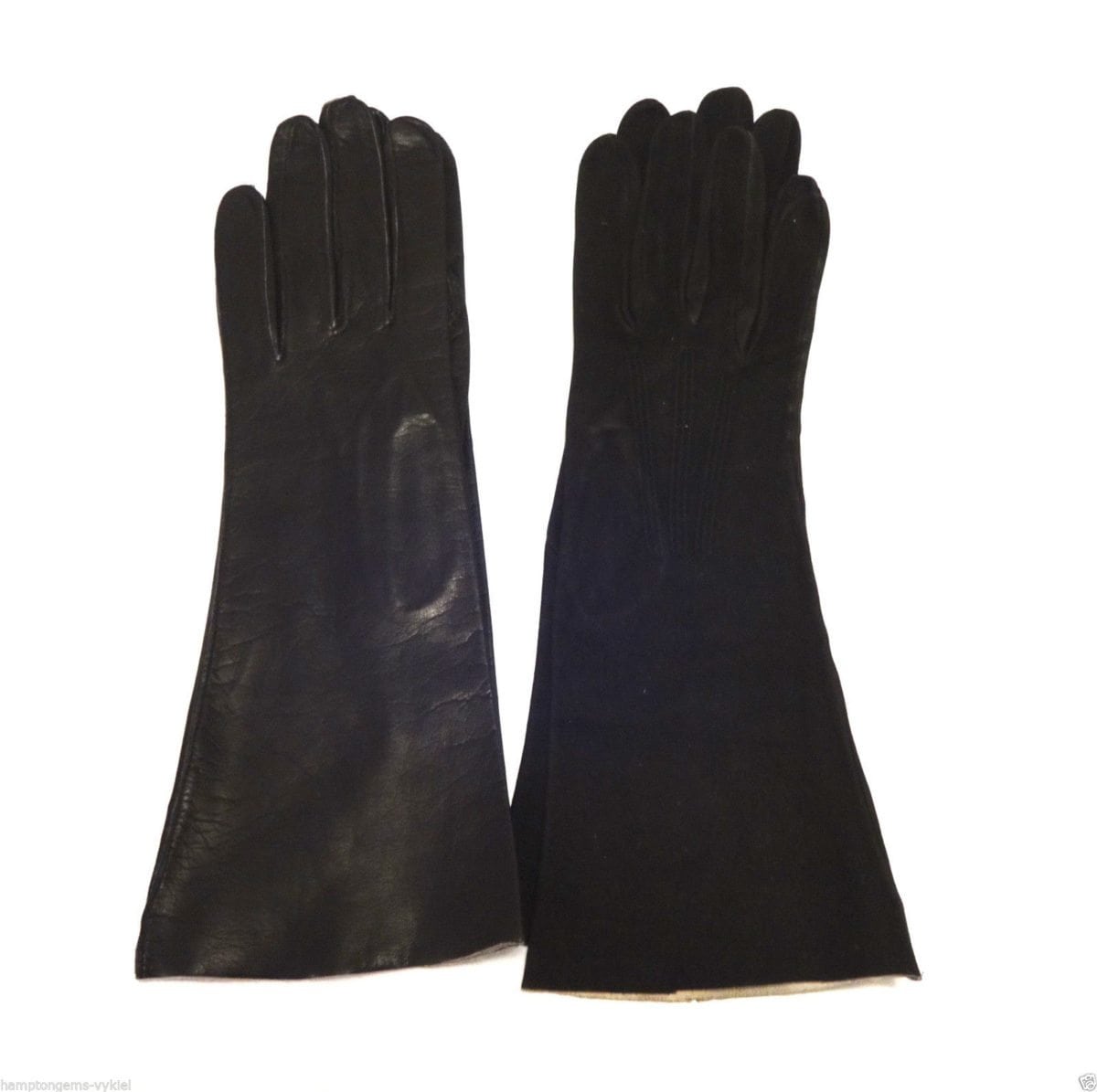 2PCS-FRENCH LONG GLOVES, BLACK LEATHER BLACK SUEDE- SIZE-6 3/4 NEW ...