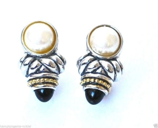 JOSEPH ESPOSITO, TWO TONE CLIP EARRING WITH TOPAZ AND BLACK CABOCHONS - Image 2