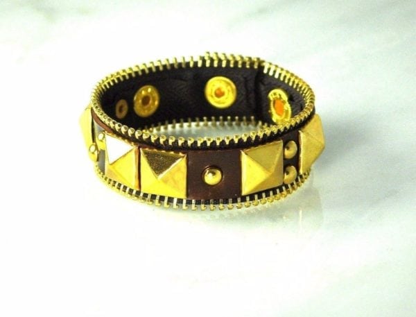 LEATHER & GOLD STUDS & ZIPPER  ACCENT BRACELET, CHOOSE: BROWN OR WHITE - Image 2